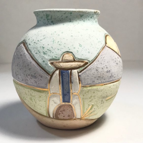 Vintage Mexican Tonala Pottery Vase Signed R. Gonza Artist Made in Mexico Pastel - Picture 3 of 14